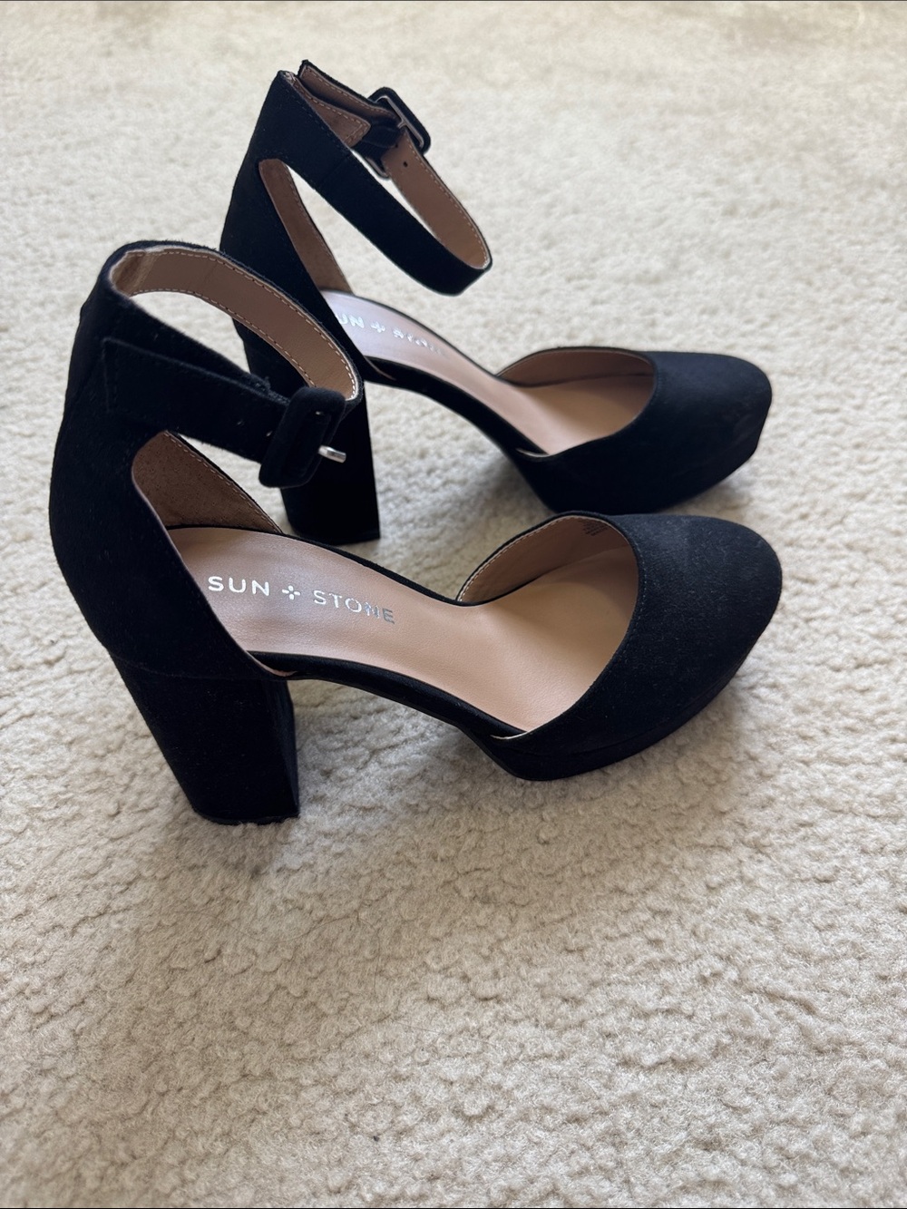 Sun + Stone Black Suede platform Heel Ankle-Strap Pumps with Buckle - Size 7